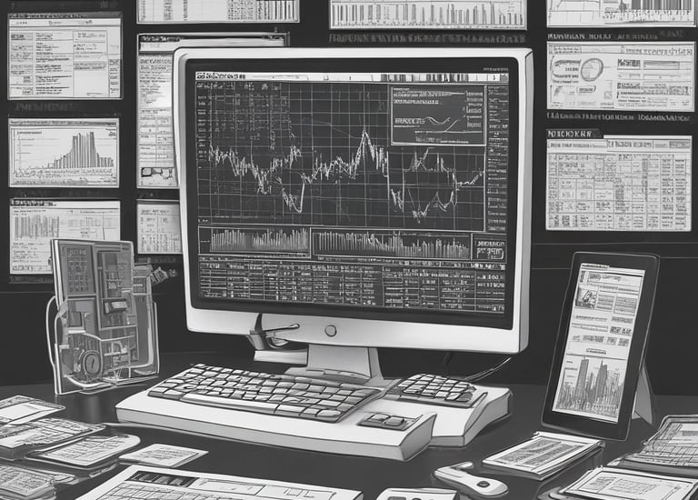 Stylish conference room setting with tech gadgets and data analytics visuals.