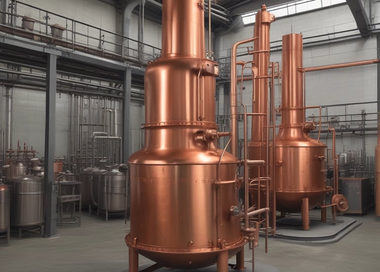 A vintage still with copper pipes and glowing embers, mid-distillation.
