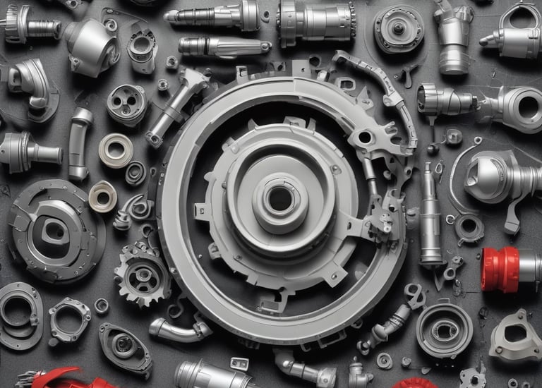 Team meeting with charts and auto parts samples on the table.