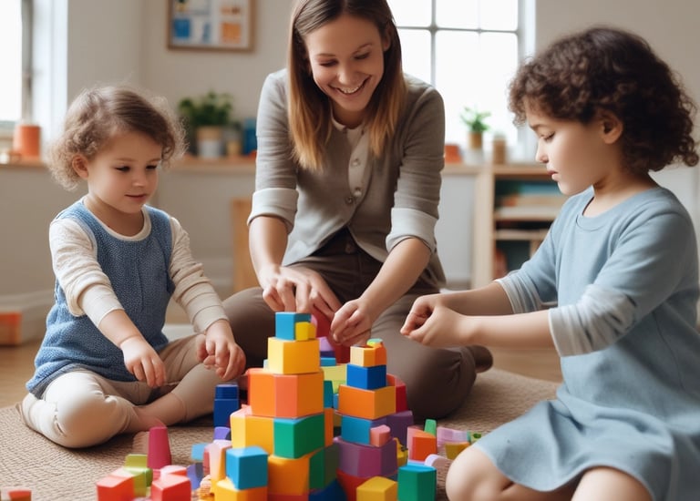 Bright and cheerful preschool classroom with pastel blue walls and playful decorations
