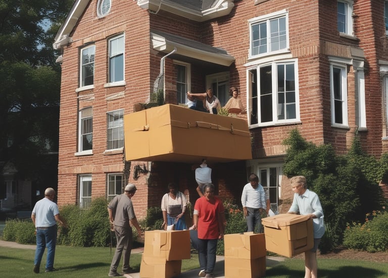 A group of smiling volunteers sorting donated chairs in the store warehouse.