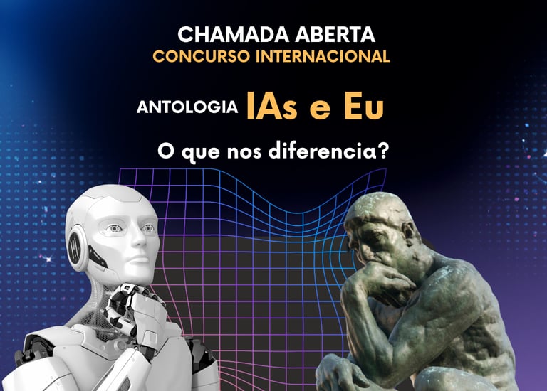 Poster for the IAs e Eu international anthology contest featuring a white robot and The Thinker statue.
