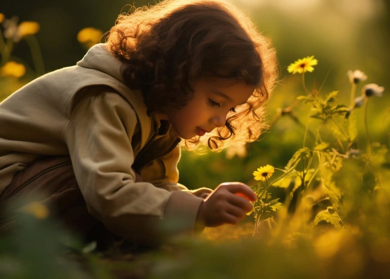 Enfant qui cueille une fleur jaune sous une lumière de soleil couchant, accès à la rubrique Les Apprentis Alchimistes