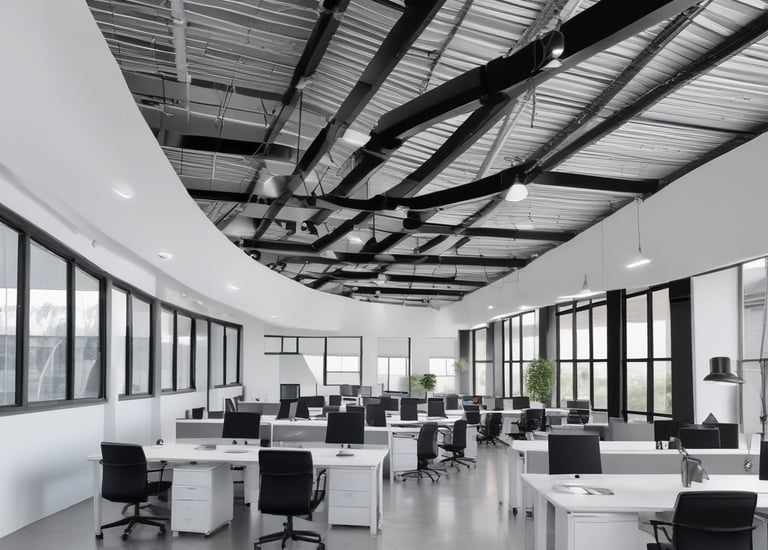 Modern office building with advanced HVAC system visible through glass facade.