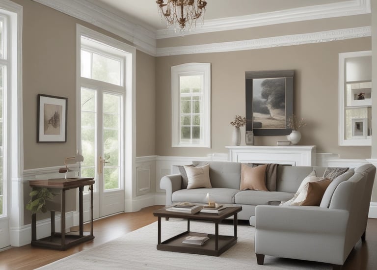 A freshly painted living room with smooth drywall and warm, inviting colors.