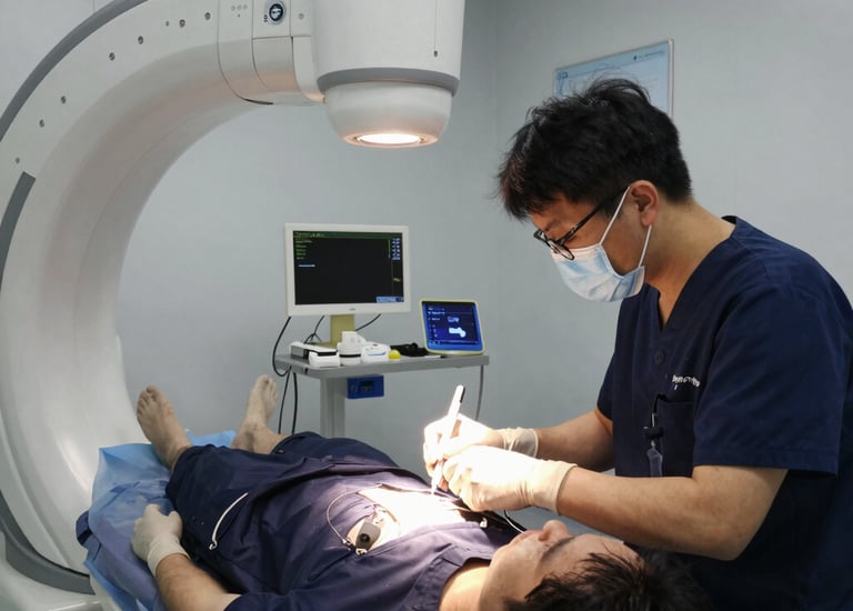 Technician carefully inspecting a c-arm in a hospital room.