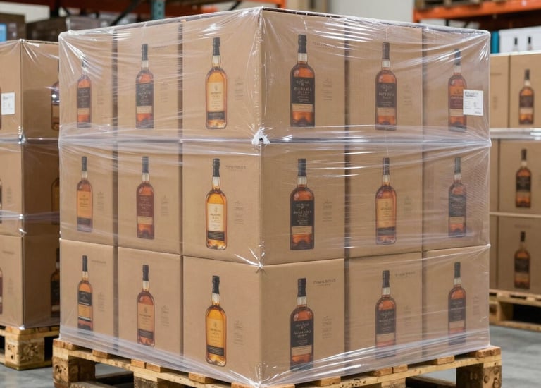Stacks of soft drink crates being loaded into a shipping container at a warehouse.