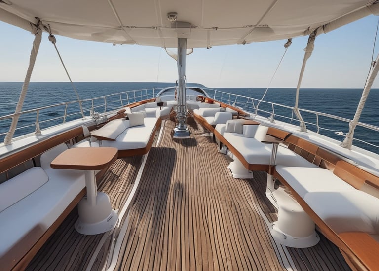 Instructor demonstrating safety equipment use on a yacht deck.