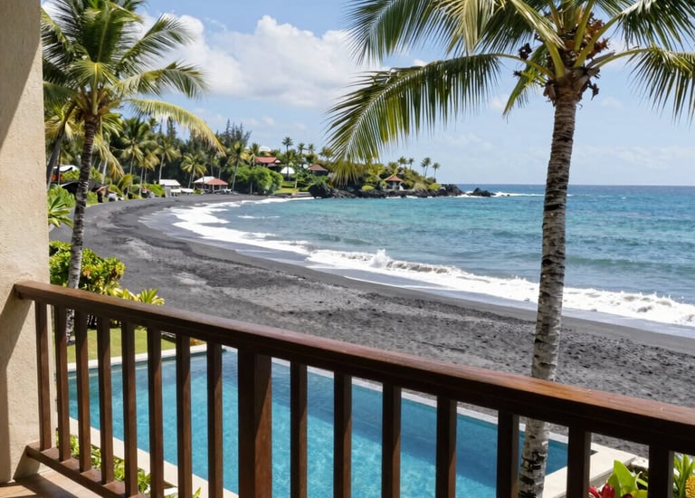 Cozy beach house with wooden accents surrounded by palm trees