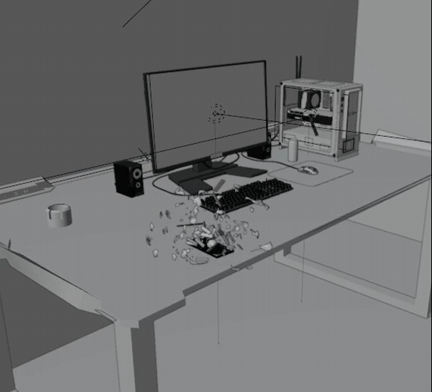 A 3D CGI rendering of a gaming PC setup on a desk with a monitor and keyboard.