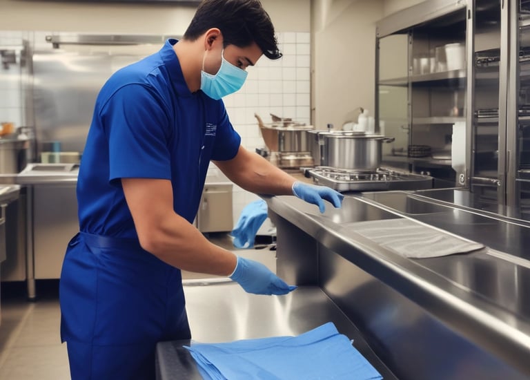 Warehouse worker wiping down equipment with low-lint clytex wipes for maintenance.