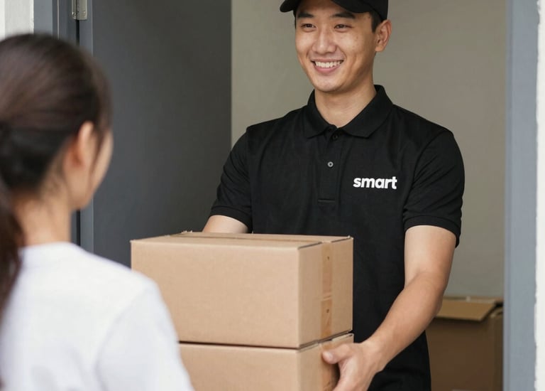 Delivery driver handing a bag of groceries to a smiling customer at doorstep