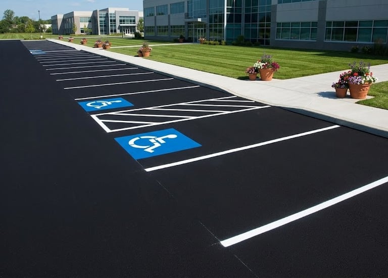 Freshly striped commercial parking lot with ADA blue handicap markings Jackson County