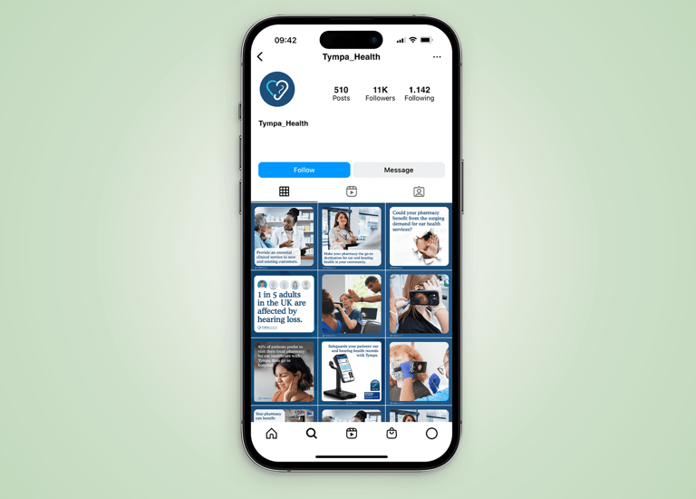 A phone displaying a photo of a person against a blue background.