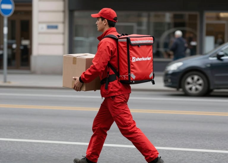 Courier handing over a package to a smiling customer at their doorstep in a cozy neighborhood