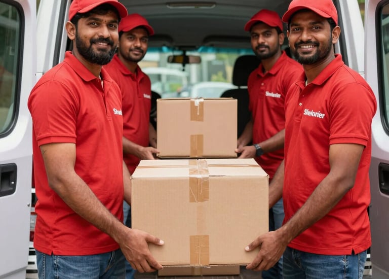Team of couriers loading packages into a van early in the morning