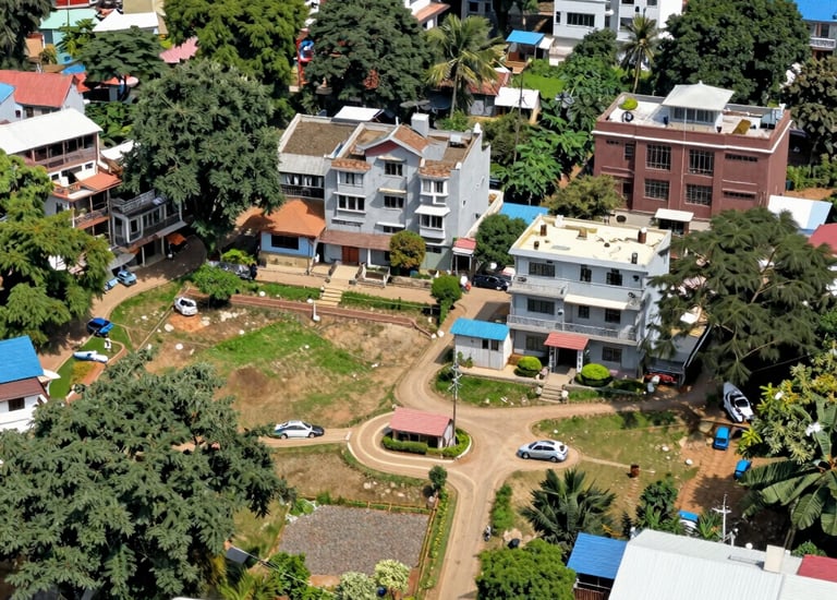 A serene view of a lush green residential plot in Dehradun with clear skies.