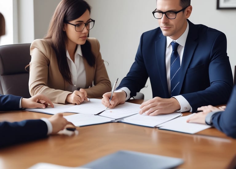 Professionals collaborating on business analytics with charts and laptops.