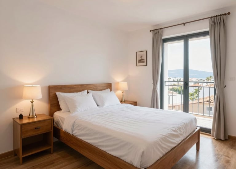 Bright, airy bedroom with neatly arranged linens and soft pastel tones.