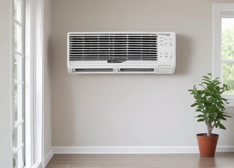 Technician installing a sleek orange and white air conditioner in a modern home