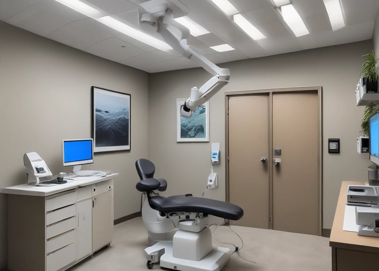 A sleek office workspace with multiple screens displaying automated workflow dashboards in blue and black tones.