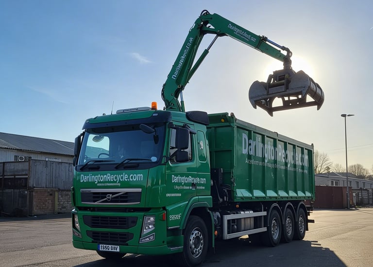 Darlington Recycle wagon with hydraulic grabber for heavy duty recycling.