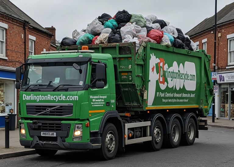 Darlington Recycle waste disposal truck, full to the brim.