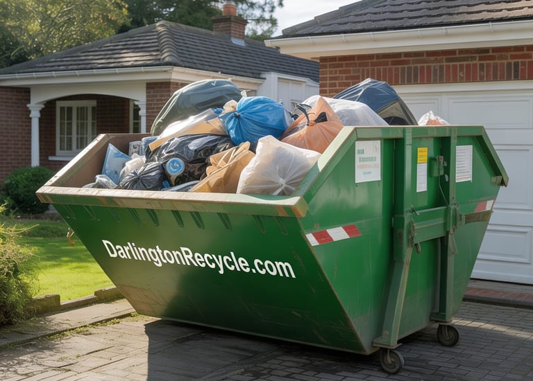 Darlington Recycle Skip, full of household waste.