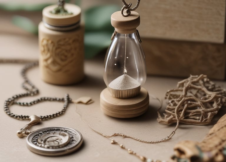 Reloj de arena antiguo sobre una mesa, acompañado de un collar de medallón labrado y alhajeros 