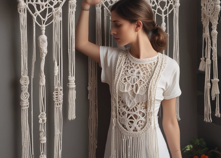 Una mujer con un chaleco de crochet bohemio de pie entre intrincados tapices de macramé 