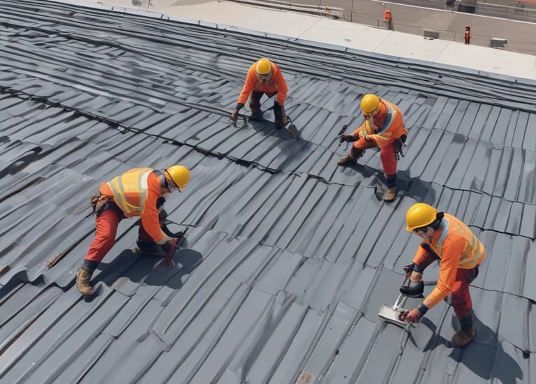 A freshly renovated home exterior with a new navy blue roof and bright red accents under a clear sky.