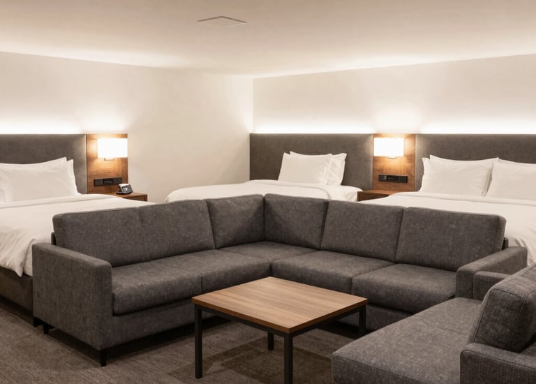 Dark underground safe room interior with metallic gold accents and advanced air filtration system.