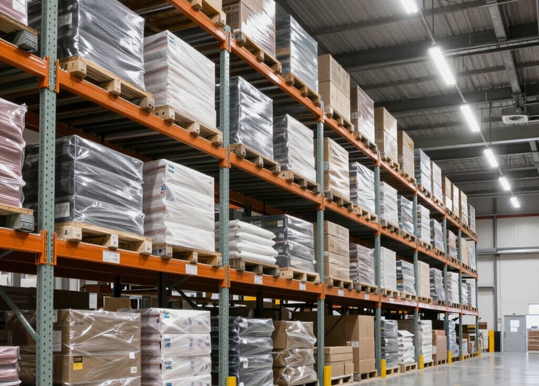 A bustling warehouse with rows of electronics ready for distribution across Europe.