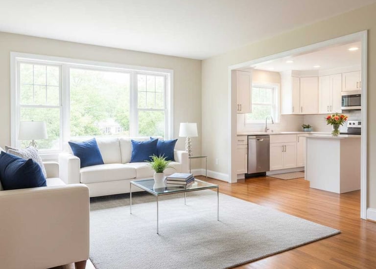 Spotless and sanitized living room and kitchen in a Cumberland home, representing professional resid