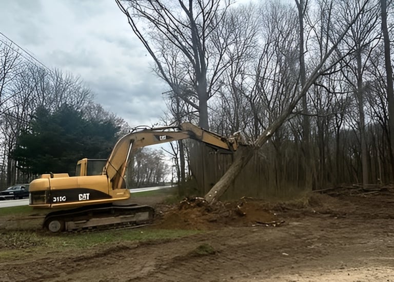 Yellow Cat excavator clearing land by pushing over a large tree during a construction project.