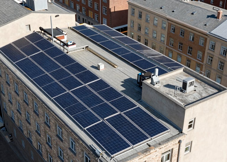 Community solar installation with multiple residential buildings.