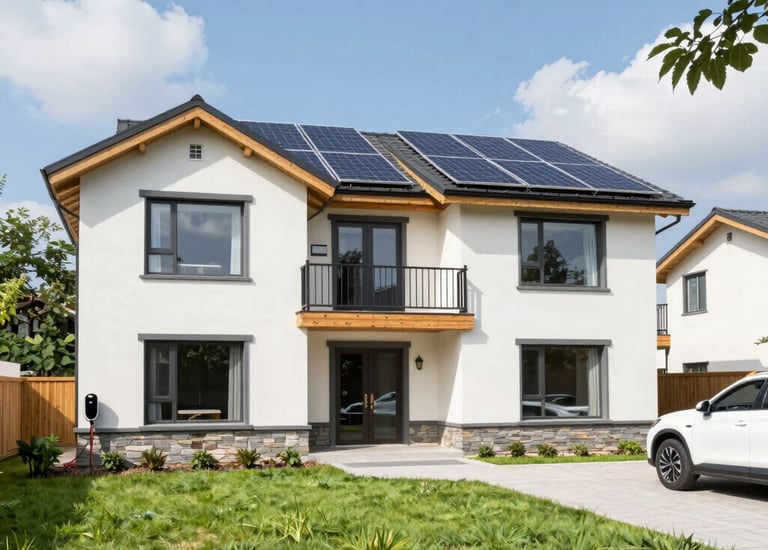 Solar panels installed on a modern corporate rooftop under a clear sky.