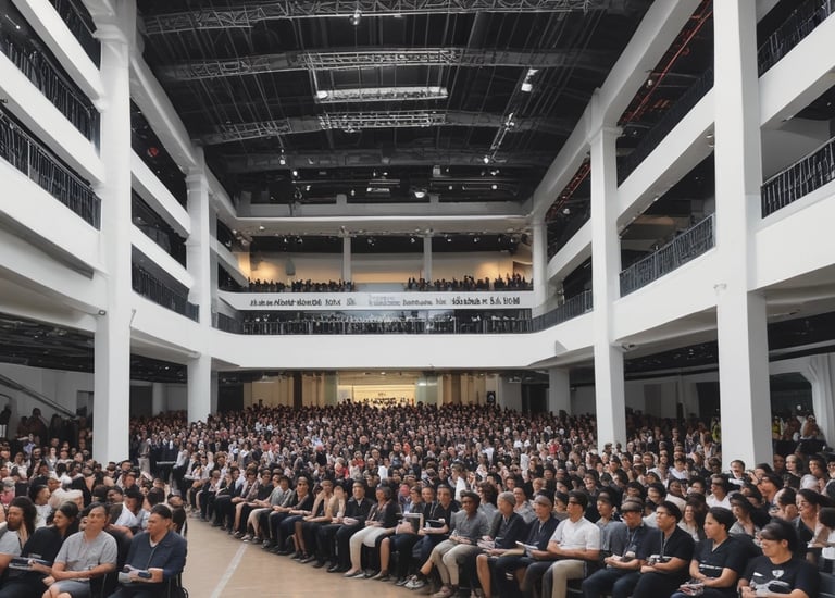A lively crowd enjoying a music concert under colorful stage lights.