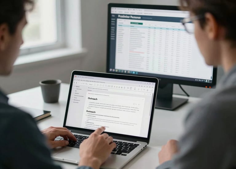 Wide environmental shot of a team member reviewing outreach email drafts on a laptop screen in a professional office setting, a second monitor showing a publisher prospecting spreadsheet with domain metrics, north-facing studio daylight, clean desk surface visible