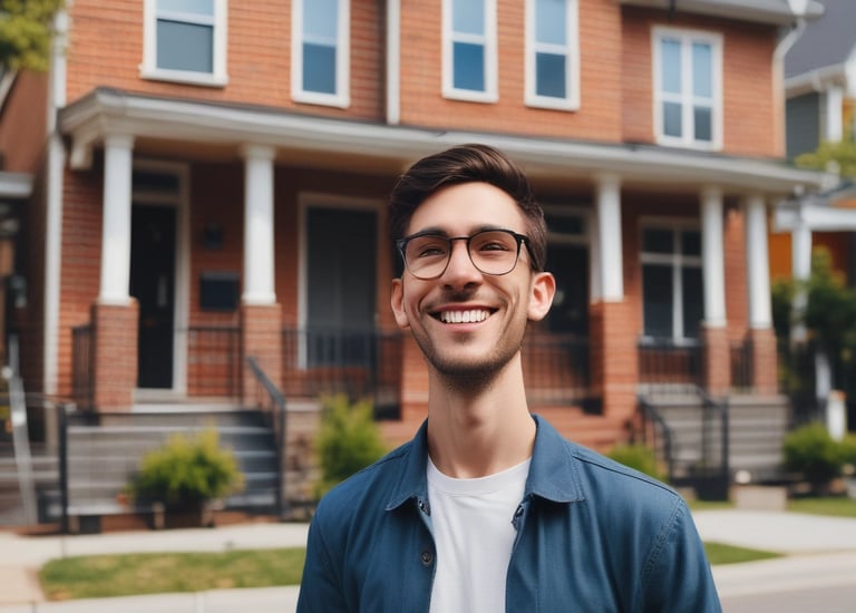 A well-maintained residential building with lush landscaping.
