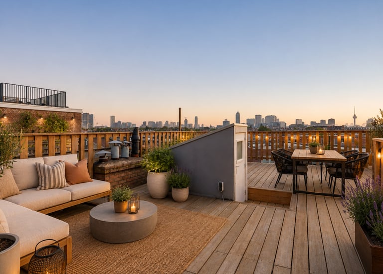 warm rooftop terrace with natural outdoor furniture and cozy lighting