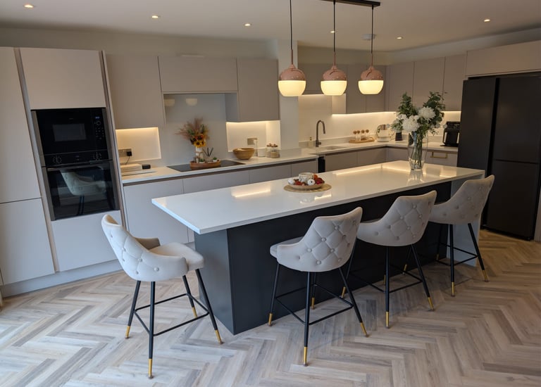 white kitchen with black refridgerator, comfy white stools and flowers