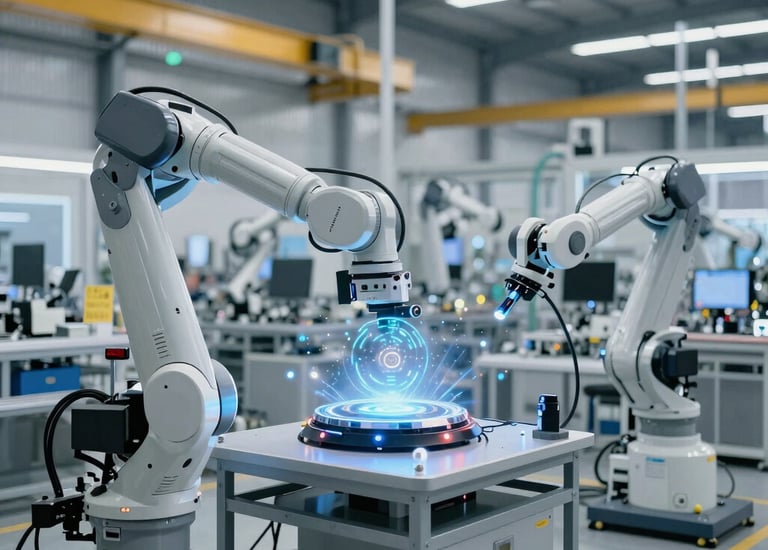 Smart factory control room with large digital screens displaying real-time monitoring data.