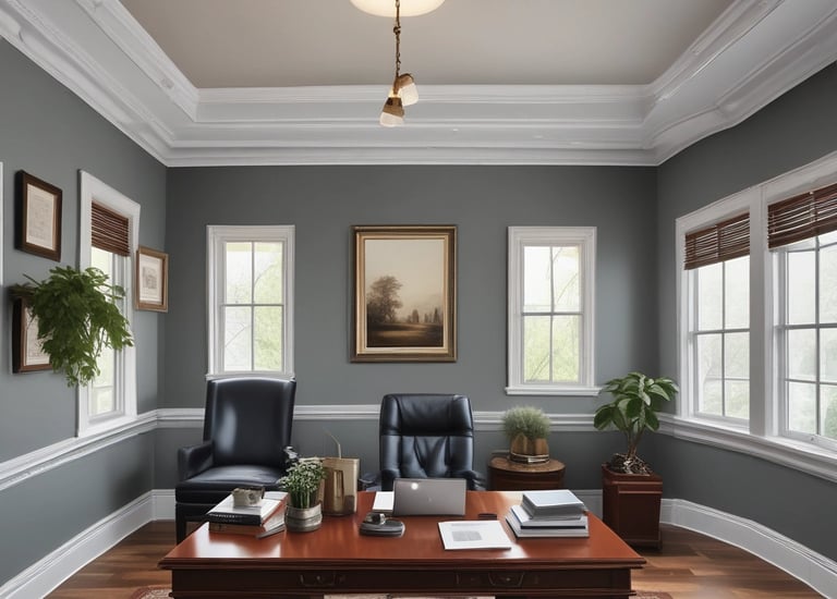 A painter in navy uniform carefully rolling fresh white paint on a modern living room wall