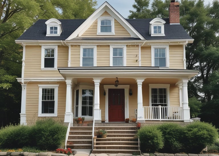 Professional painter in neat uniform applying a fresh coat of white paint to a home's exterior siding.
