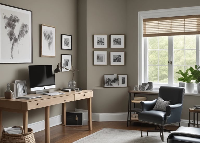 A professional painter in navy uniform carefully applying a fresh coat of white paint to a modern living room wall.