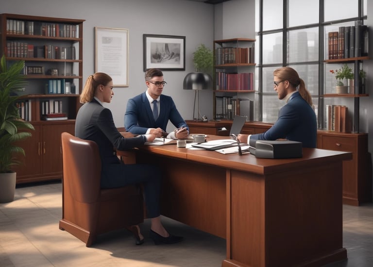 A lawyer consulting with a family in a bright office.