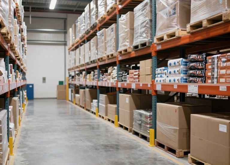 A large warehouse floor spotless and organized, glowing with a hint of fuchsia light.