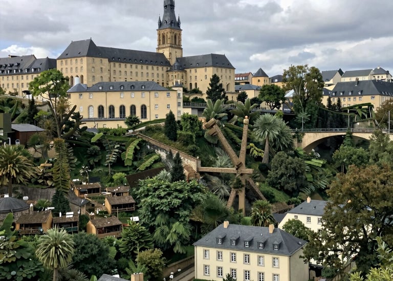 Panoramic view of Luxembourg City's historic Grund district with Neumünster Abbey and lush valley gardens.