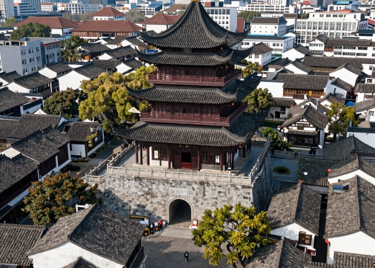 Aerial view of the historic Drum Tower in Ningbo, China, surrounded by traditional architecture and a modern city skyline.